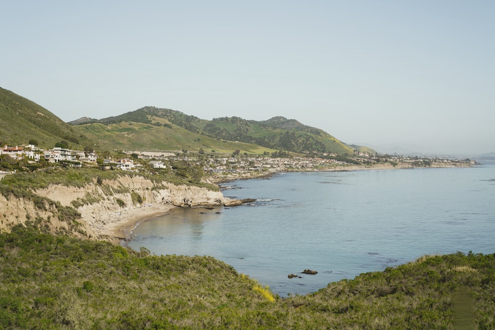 a body of water surrounded by lush green hills