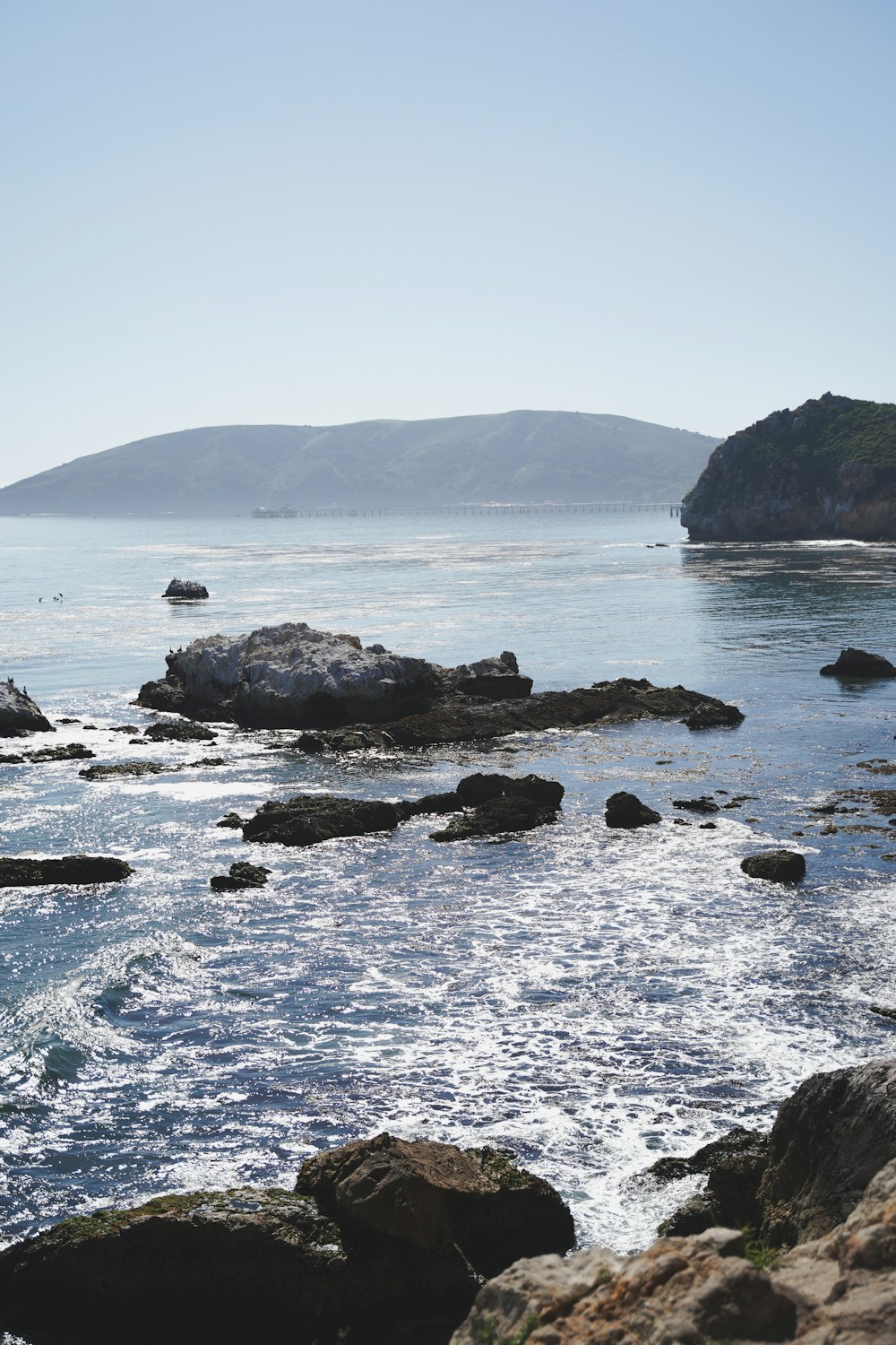 a body of water with rocks and a hill in the background