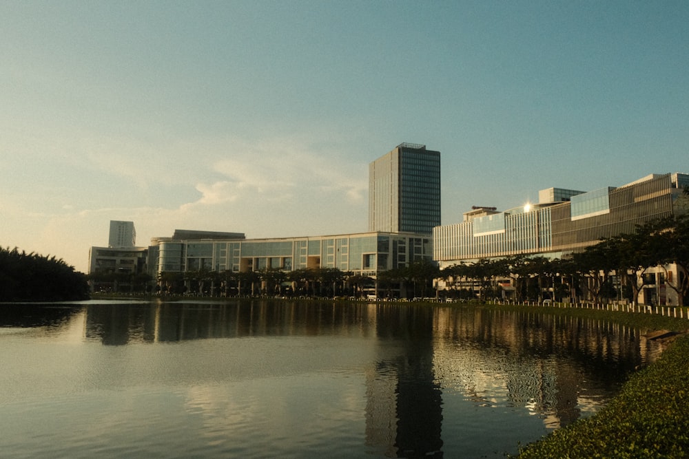 a body of water with buildings in the background