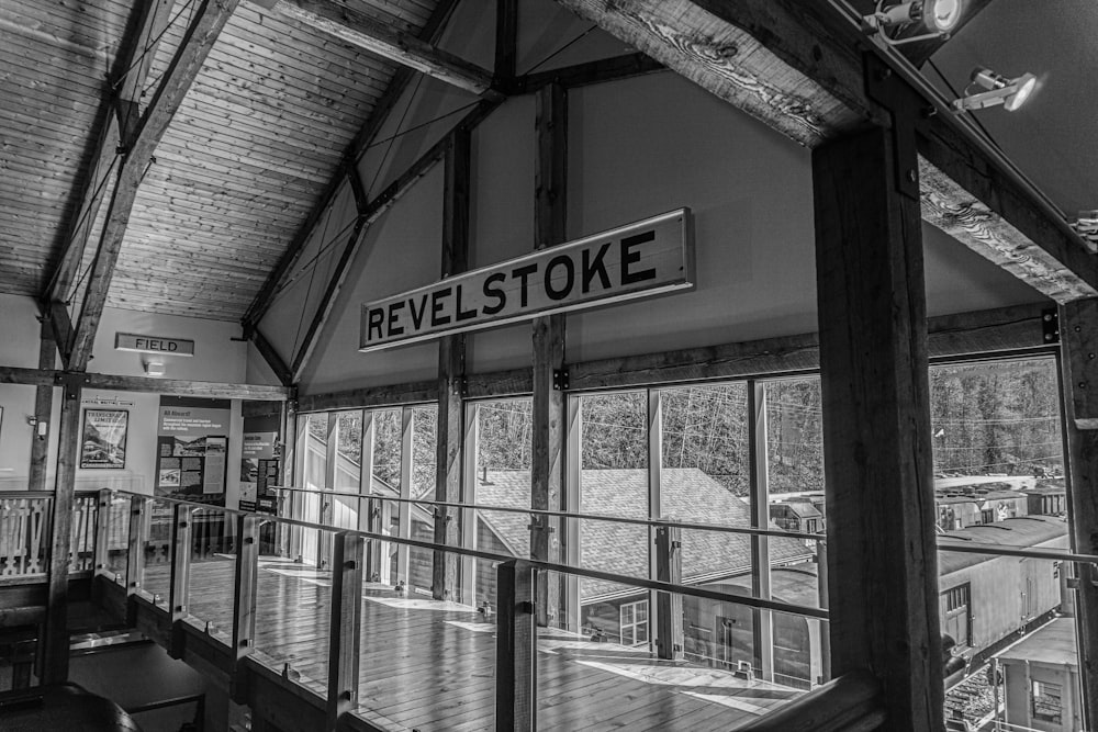 a black and white photo of the inside of a store