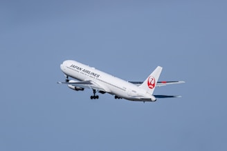 a large jetliner flying through a blue sky