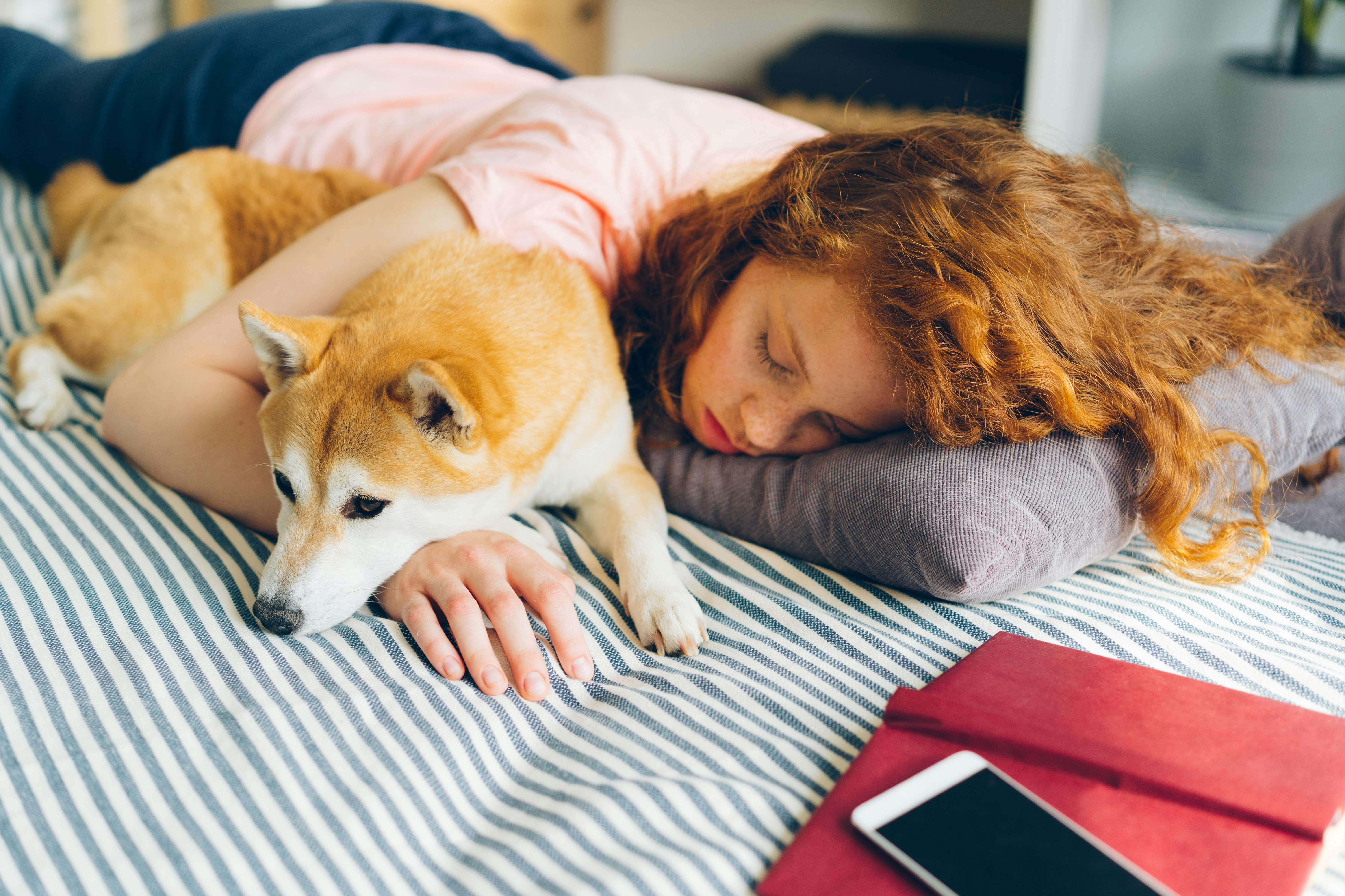 a woman laying on a bed with a dog
