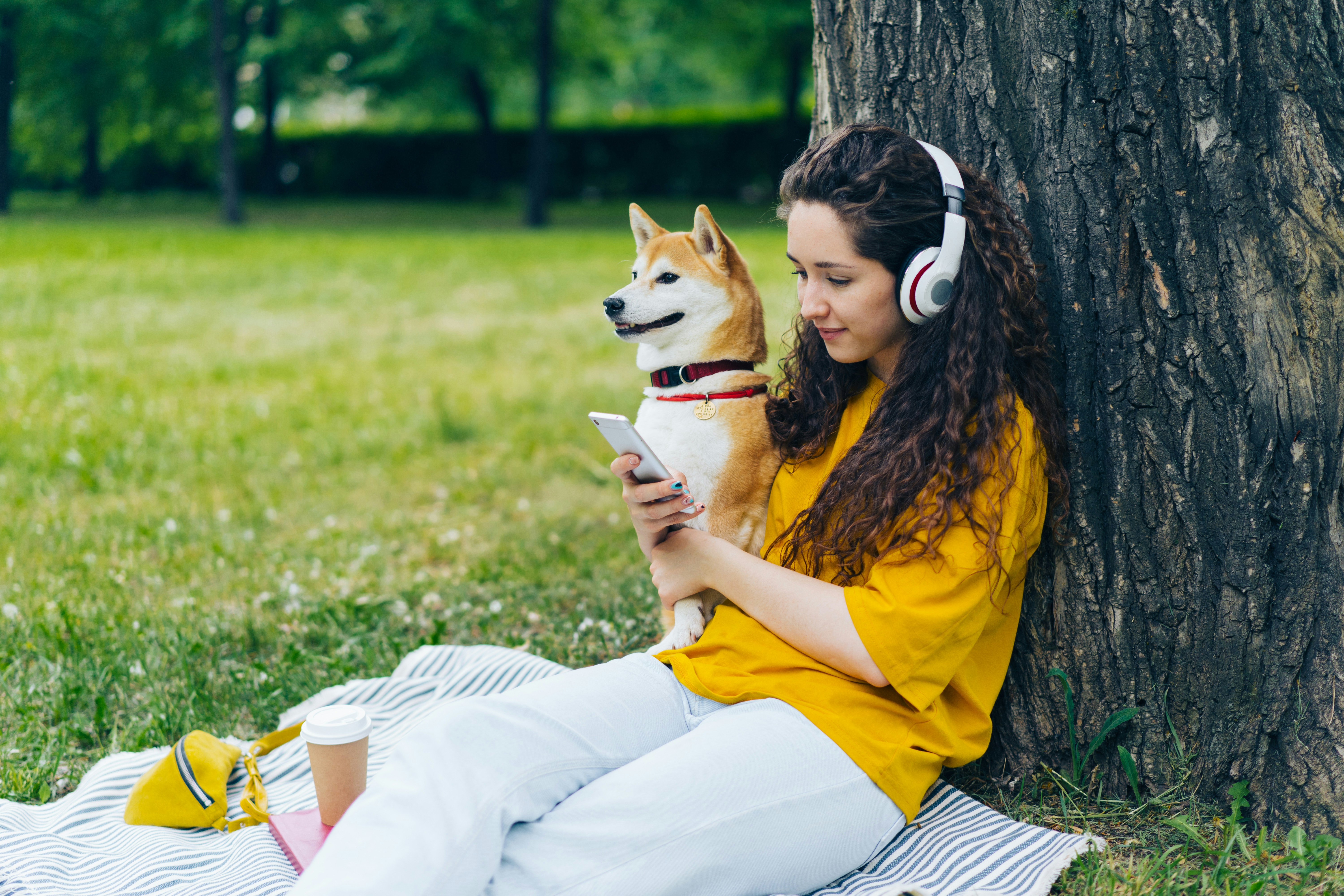 A woman sitting in the grass with a dog wearing headphones
