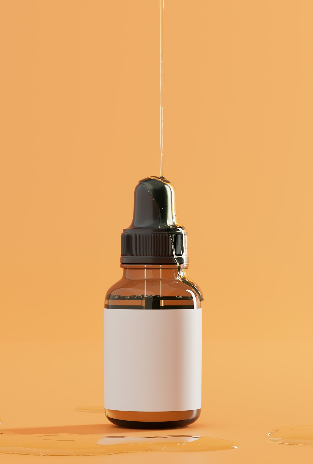 a bottle of liquid with a dropper on a yellow background