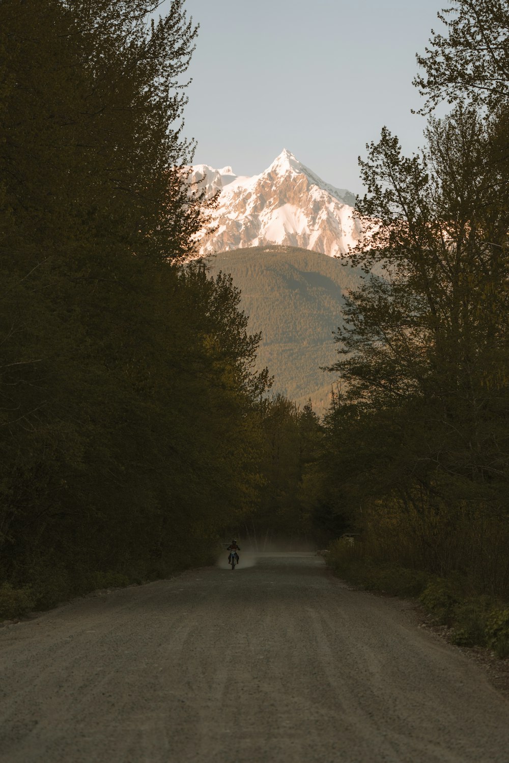 a person riding a bike down a dirt road