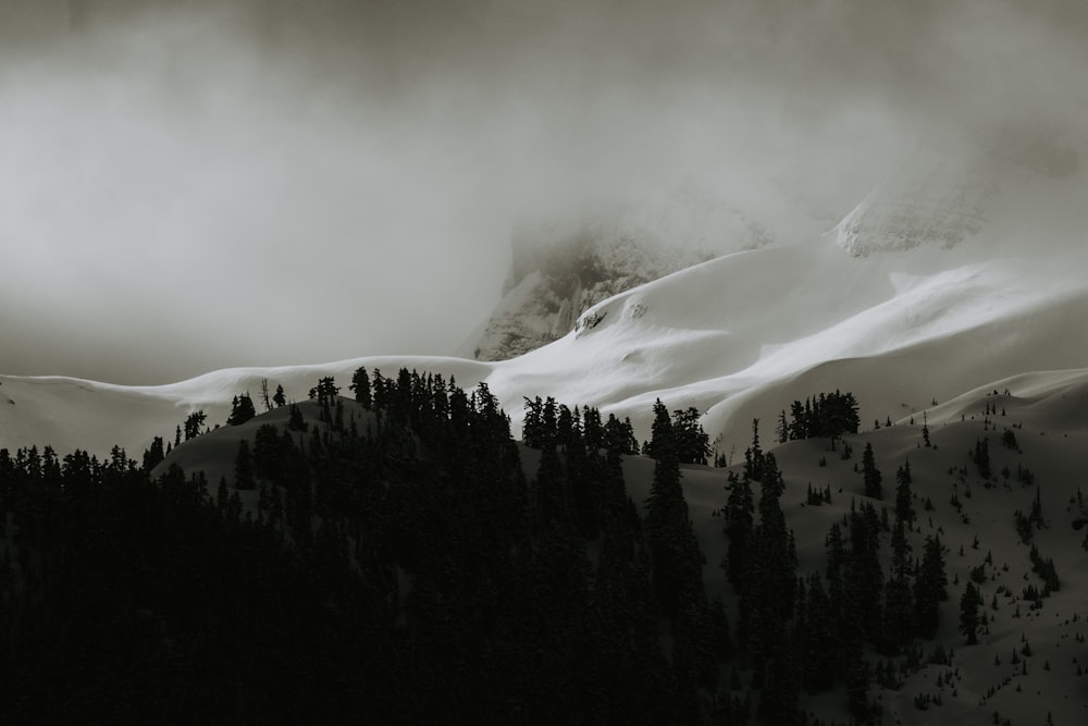 a black and white photo of a snow covered mountain