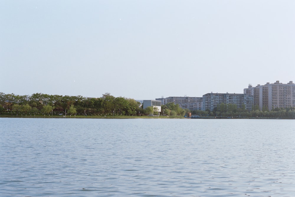 a body of water with buildings in the background