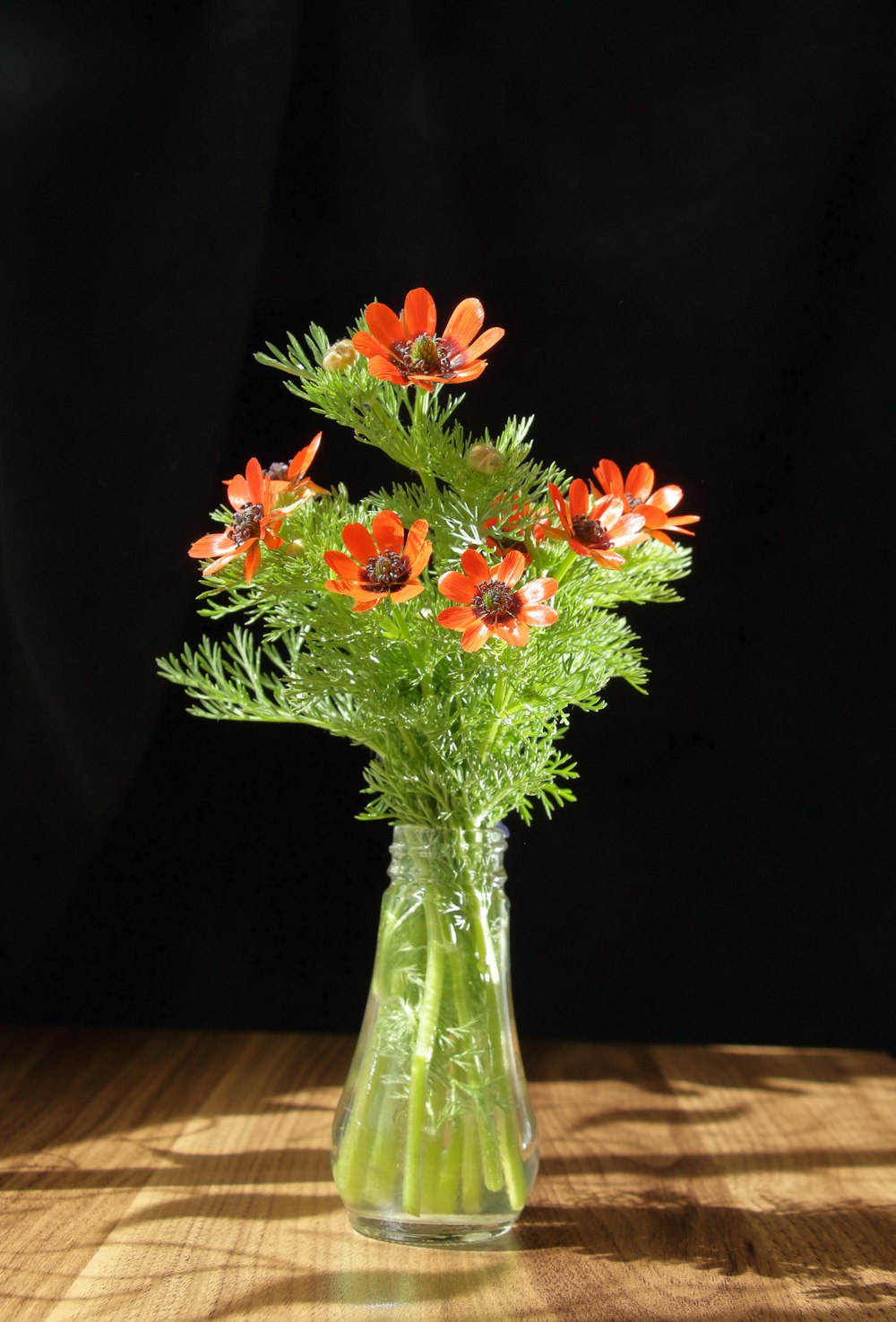 a vase filled with orange flowers on top of a wooden table