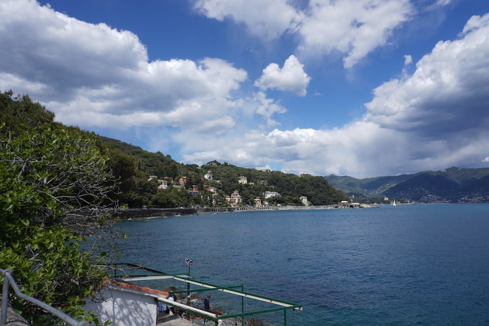 a body of water surrounded by a lush green hillside