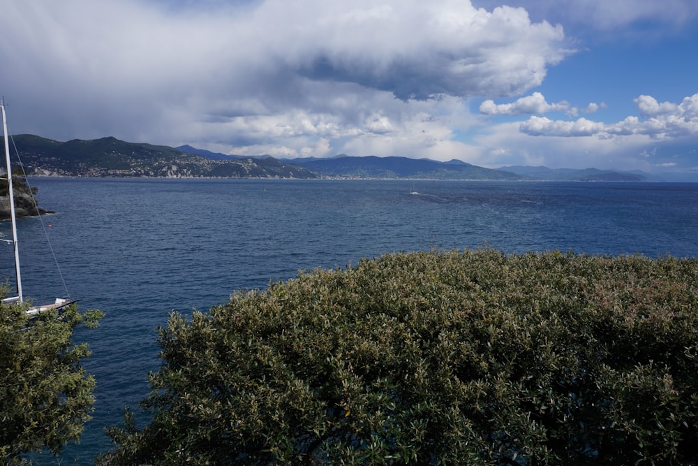 a view of a body of water with mountains in the background