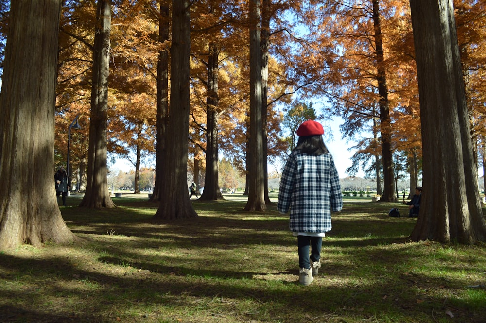 a person walking through a forest with lots of trees