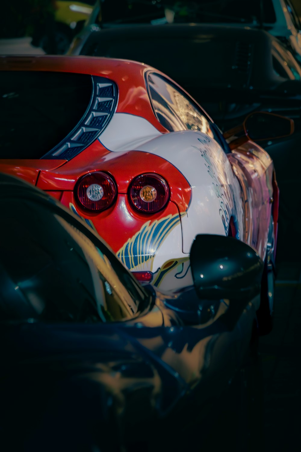 a close up of the tail lights of a car
