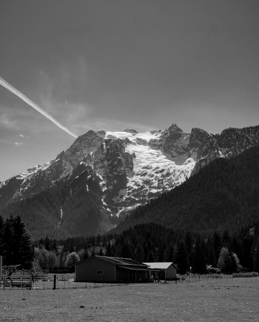 Snow-capped Whitehorse Mountain rising above the Stillaguamish valley farmland near Arlington Washington