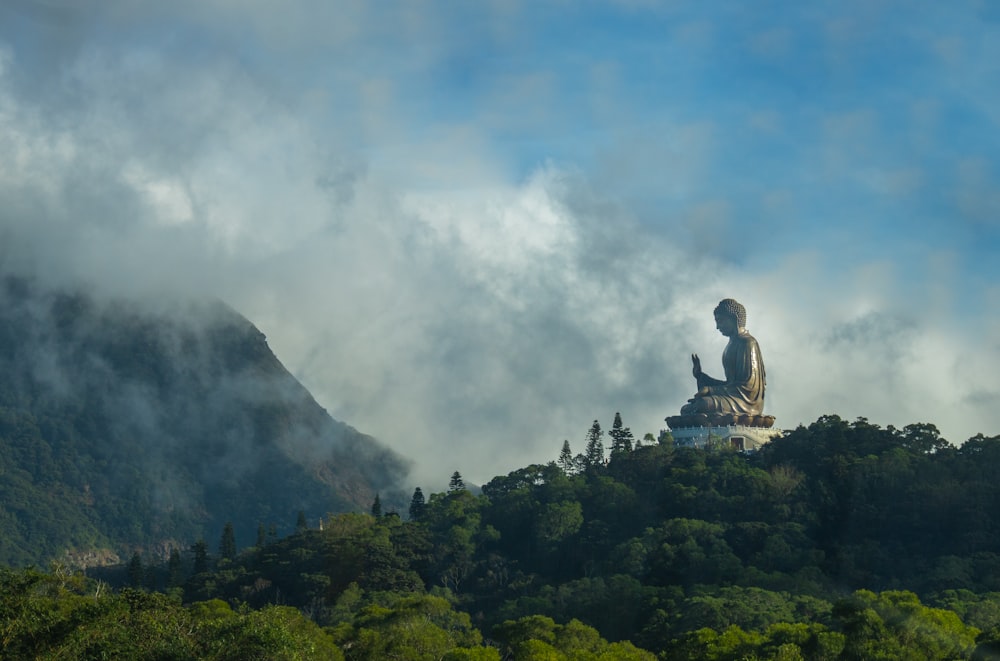 a large buddha statue sitting on top of a lush green hillside