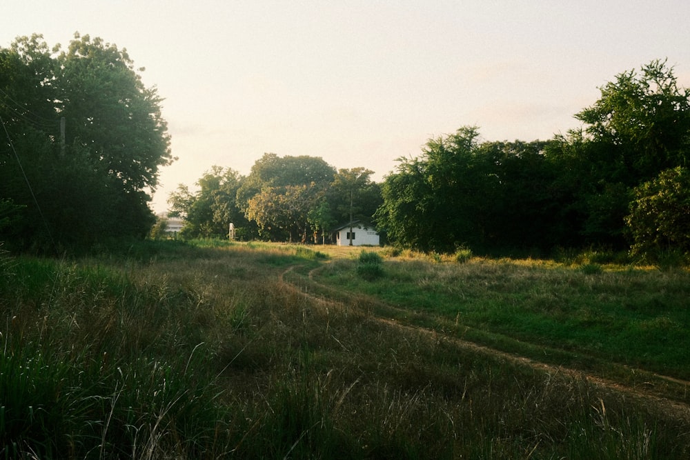 a small white house sitting in the middle of a field