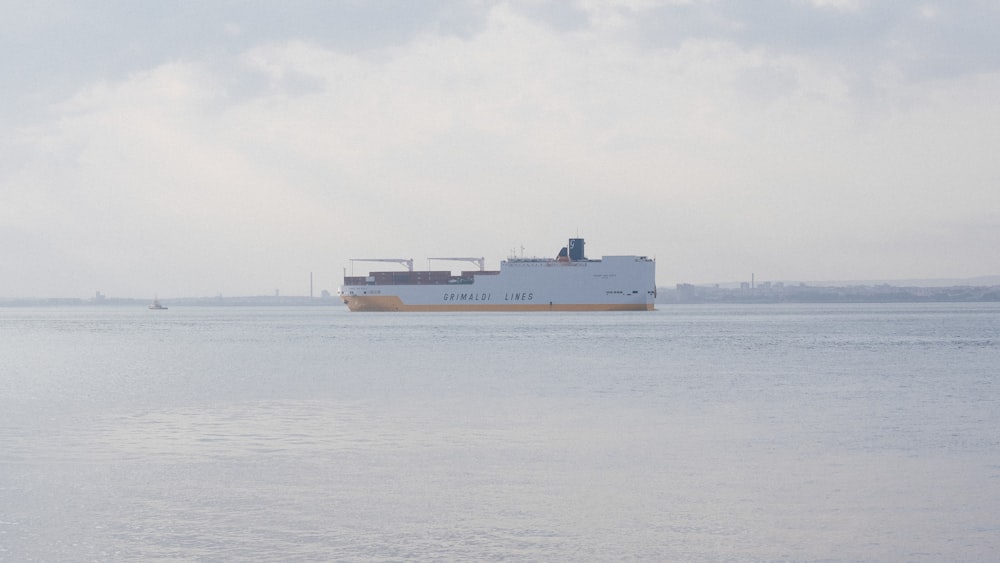 a large cargo ship floating on top of a large body of water