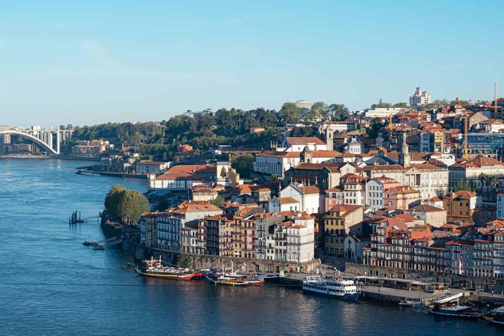 a view of a river with a bridge in the background