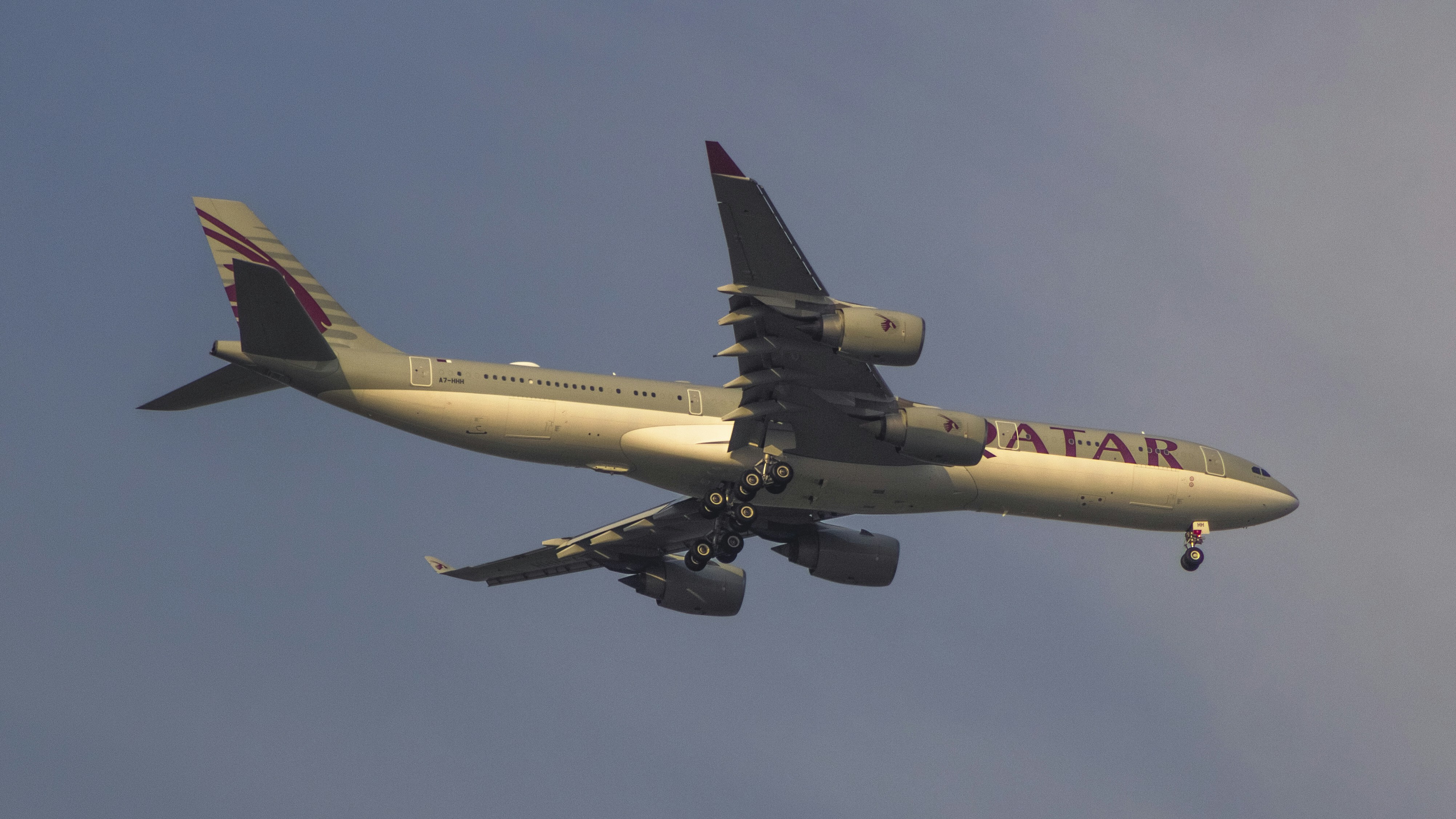 a large jetliner flying through a blue sky, Qatar Amiri Flight Airbus A340-541 A7-HHH Landing at Dhaka Airport.