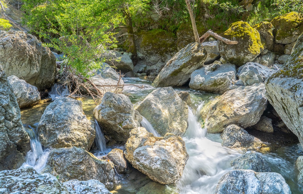 a stream of water running between large rocks