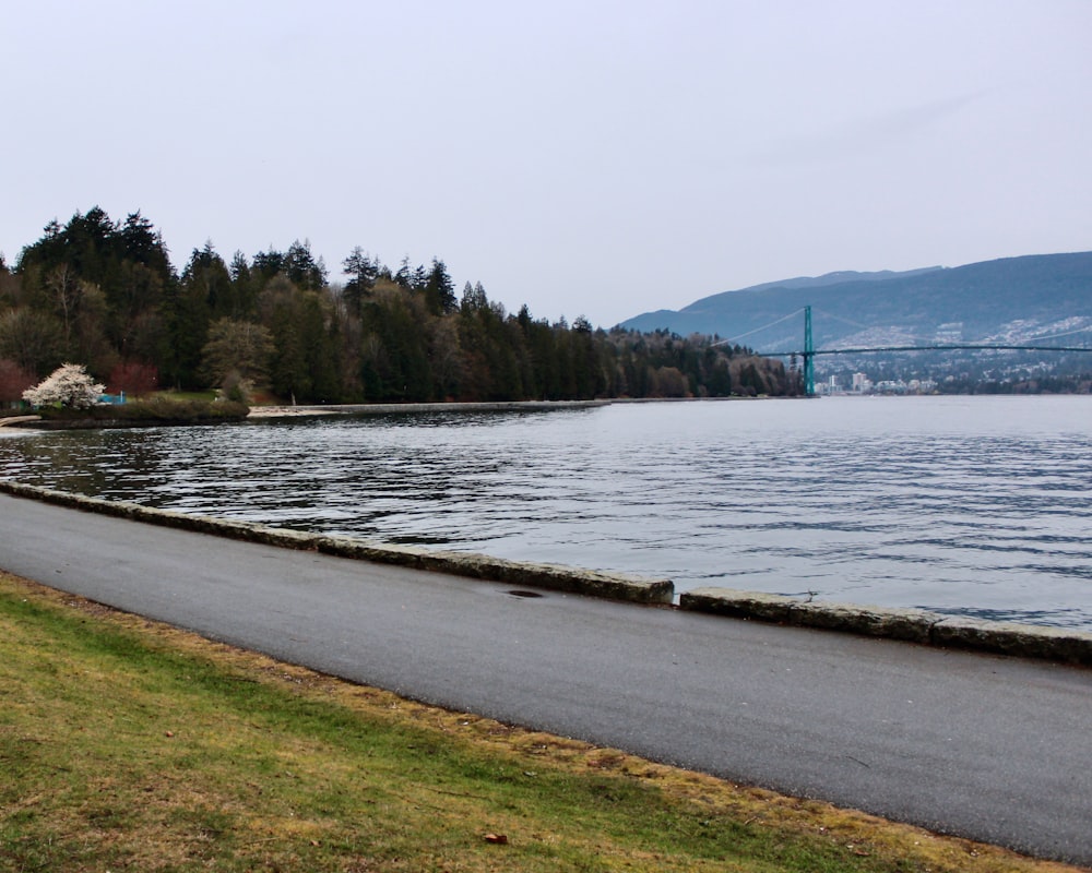 a road next to a body of water with a bridge in the background