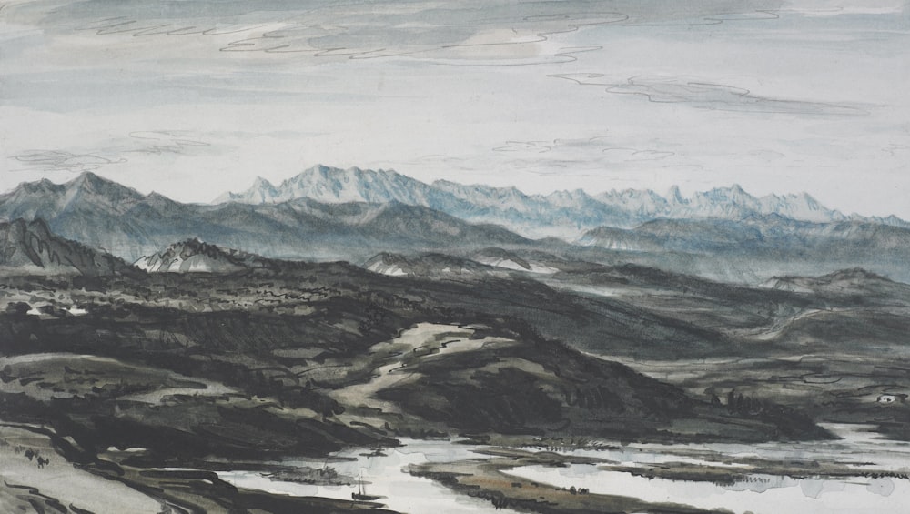 una pintura de una cadena montañosa con un río que la atraviesa