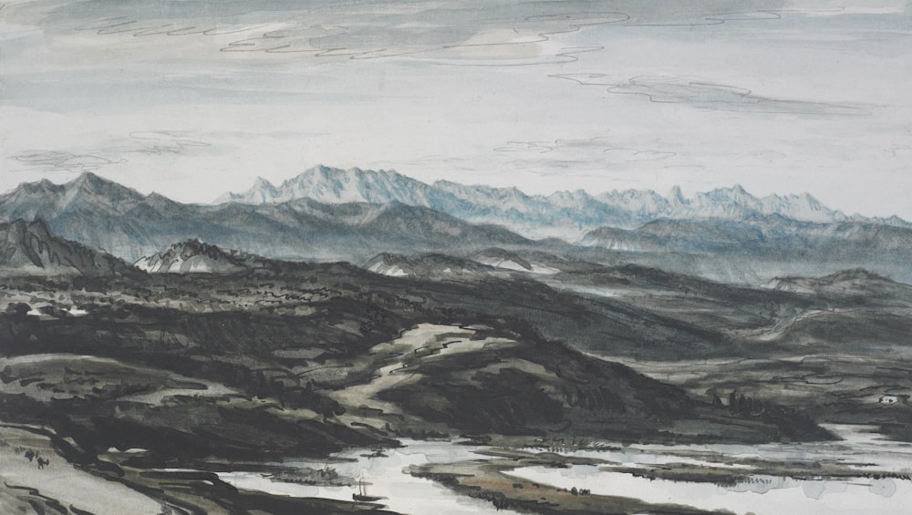 a painting of a mountain range with a river running through it