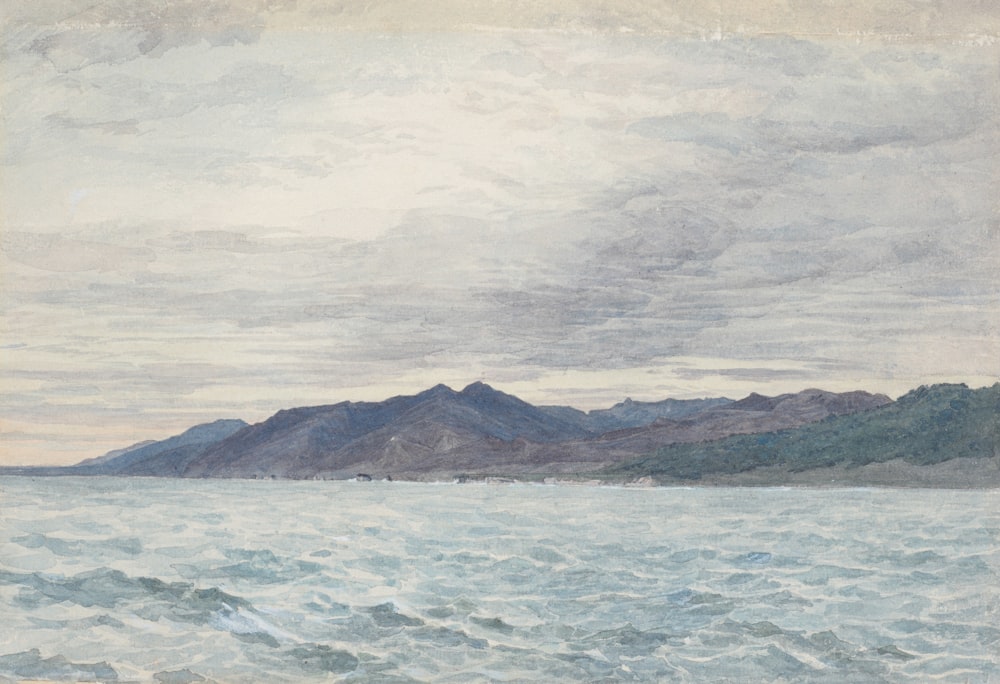 a painting of a body of water with mountains in the background