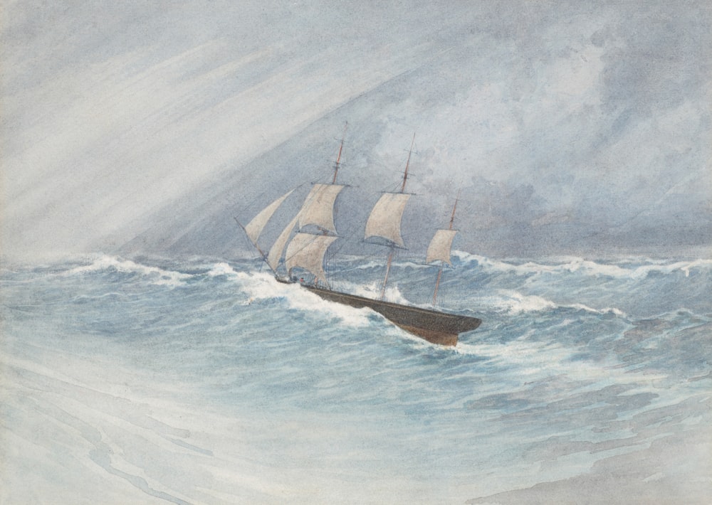 Una pintura de un barco en mares agitados