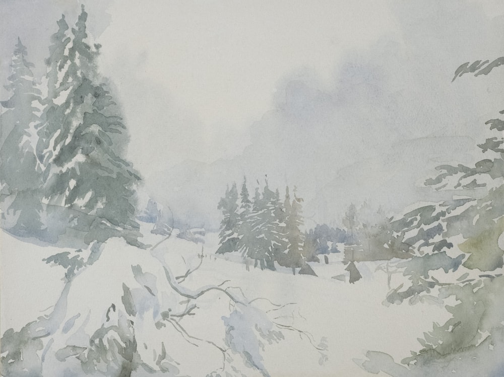 uma pintura de uma paisagem nevada com árvores