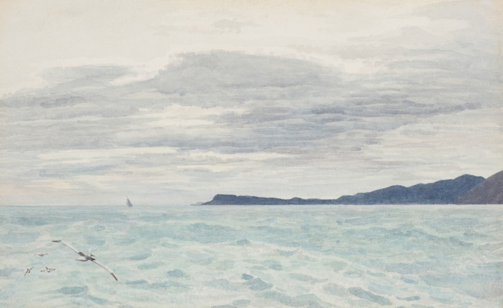 a painting of a boat in the ocean