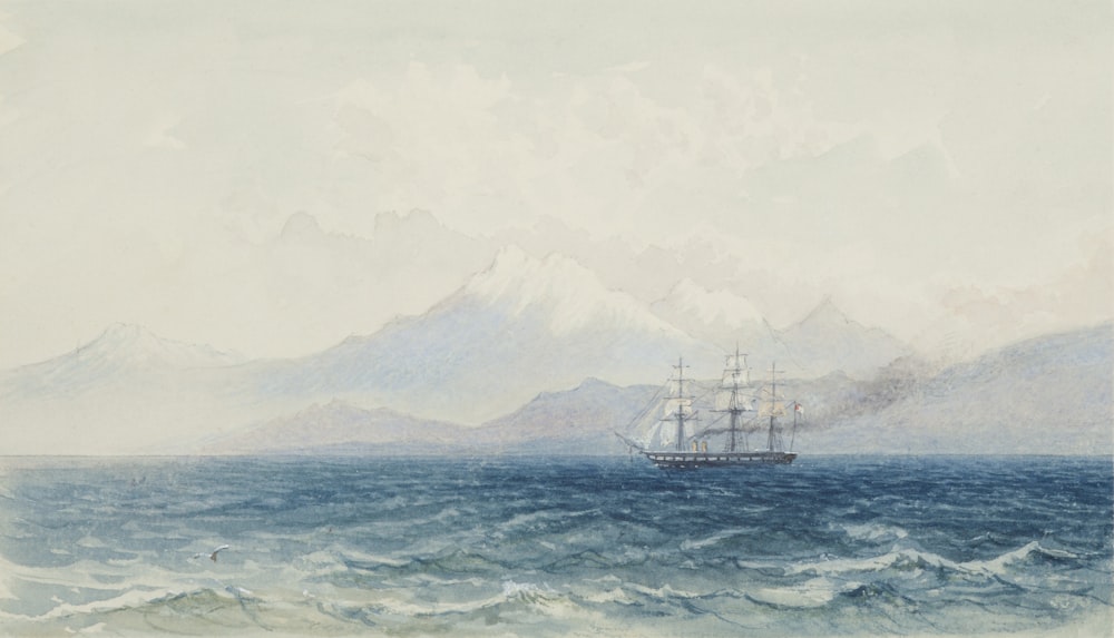 Una pintura de un barco en medio del océano