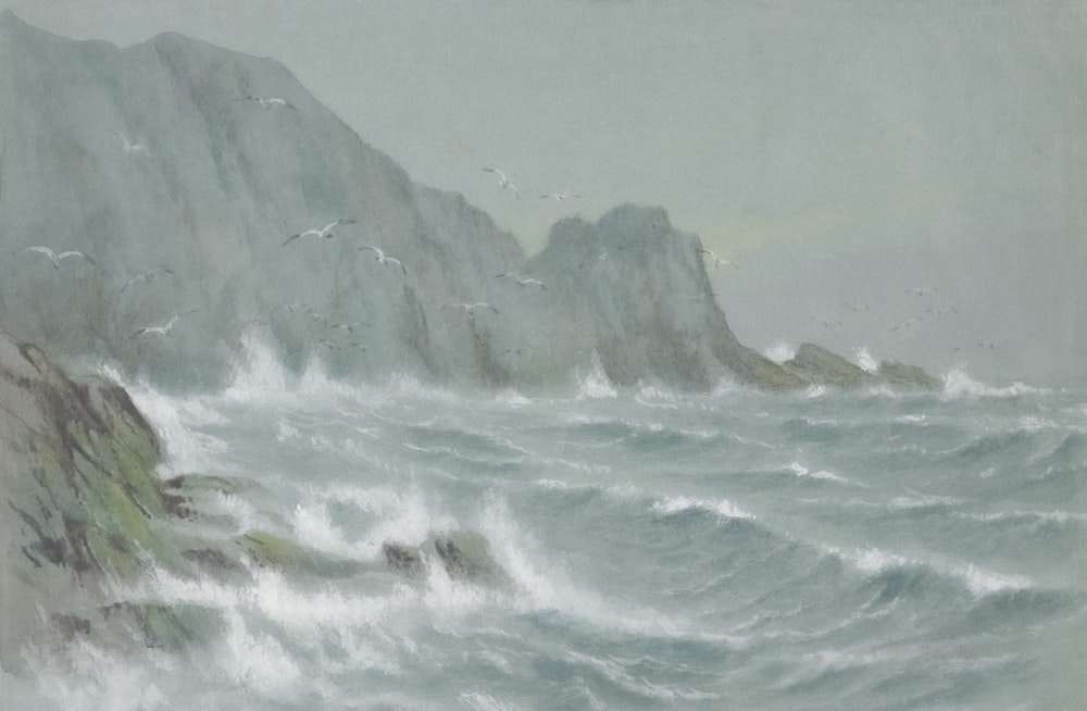 a painting of a large body of water with a mountain in the background