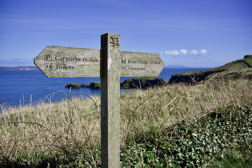 a wooden sign pointing in opposite directions on a grassy hill