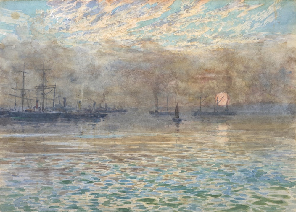 uma pintura de um porto com navios na água