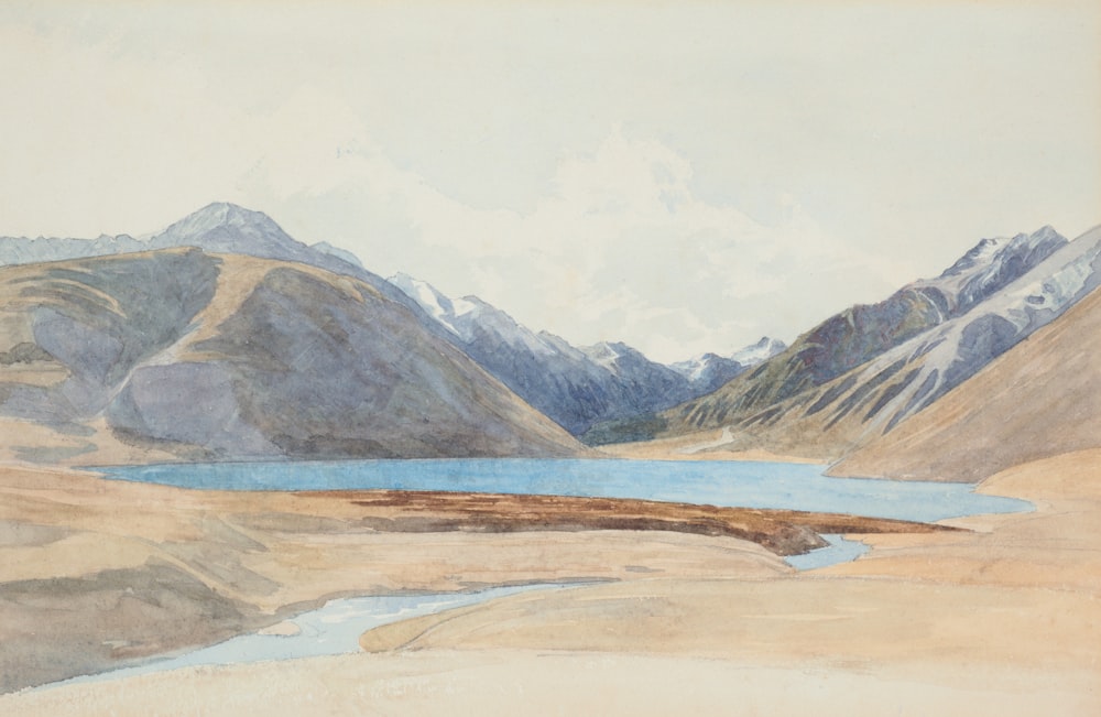 una pintura de montañas y un cuerpo de agua