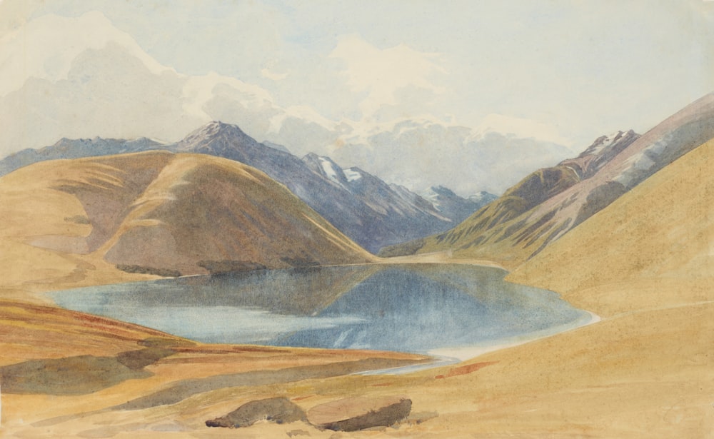 una pintura de montañas y un cuerpo de agua