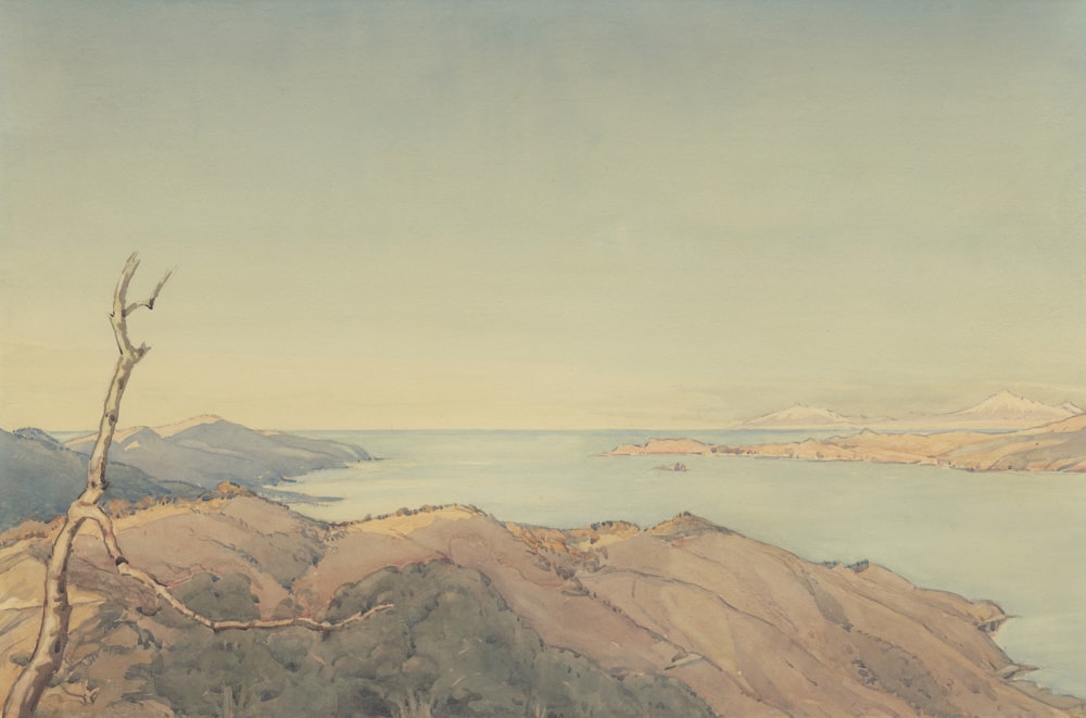 a painting of a view of a lake and mountains