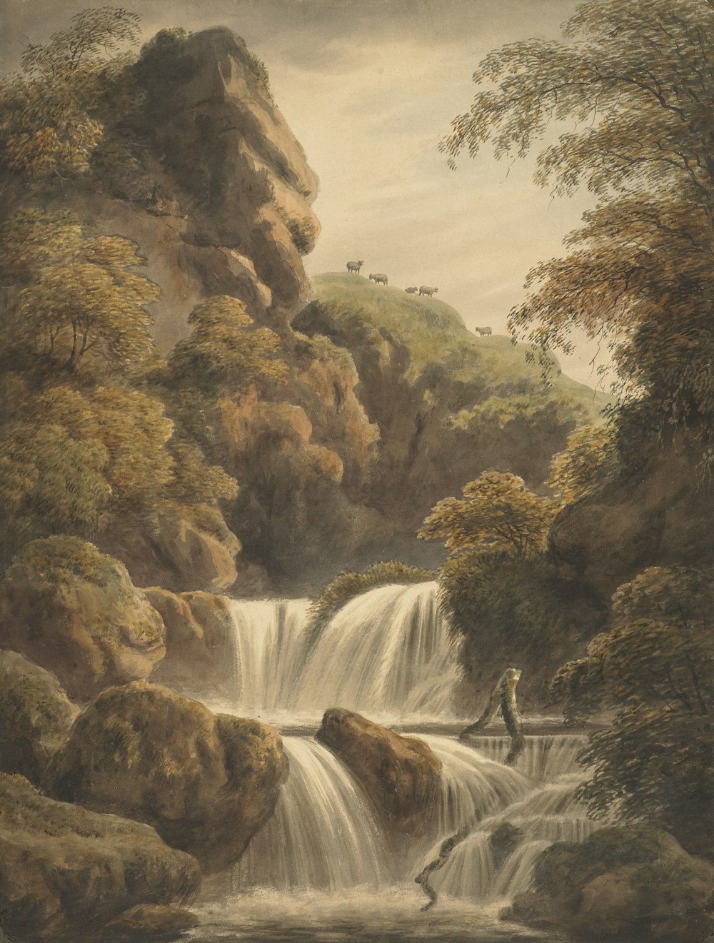 a painting of a man standing in front of a waterfall