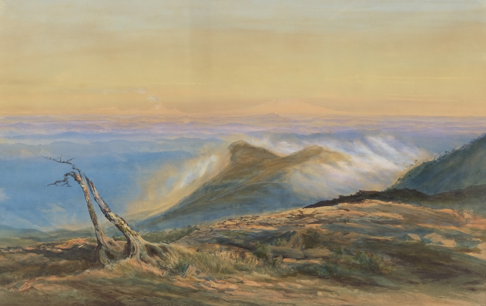 uma pintura de uma cena de montanha com uma árvore em primeiro plano