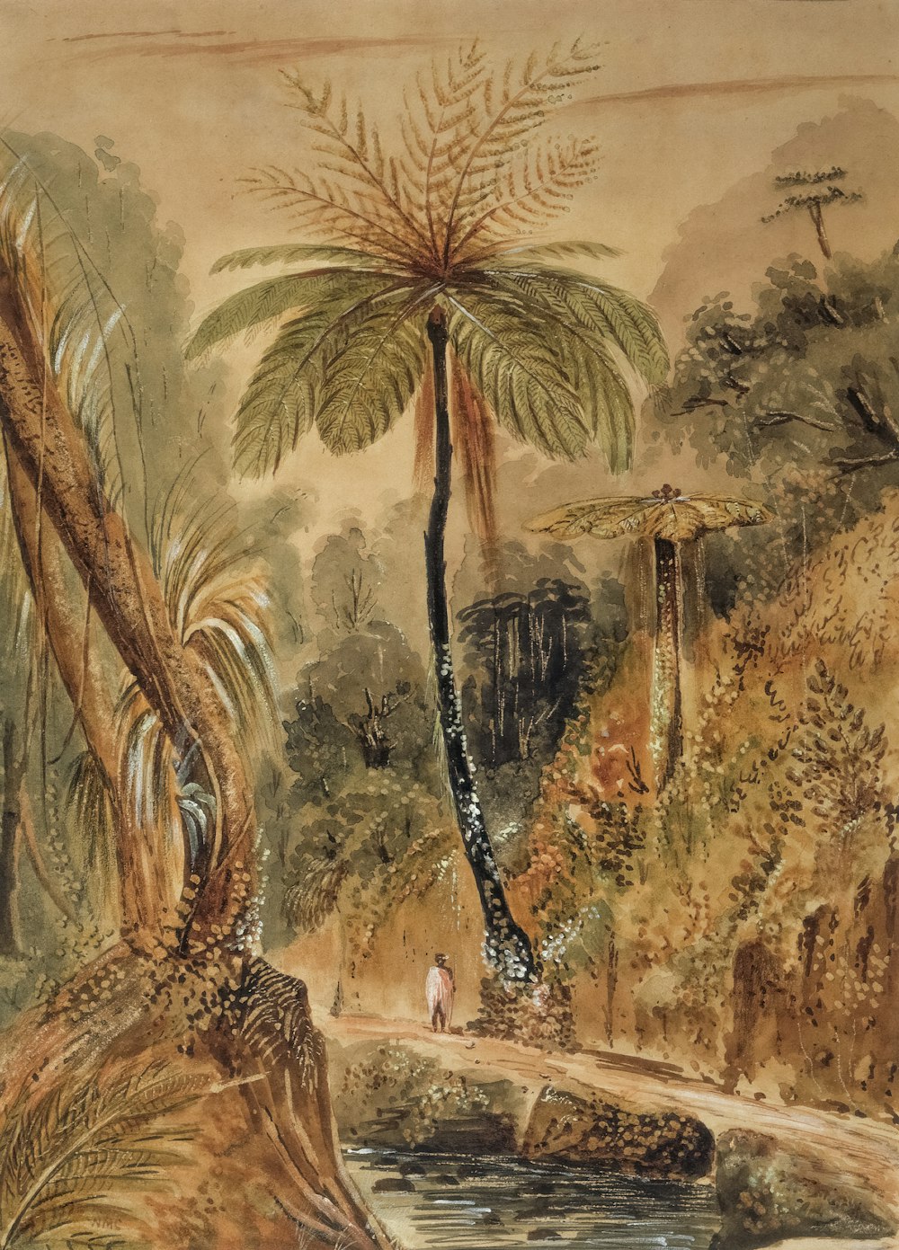 a painting of a jungle scene with a stream