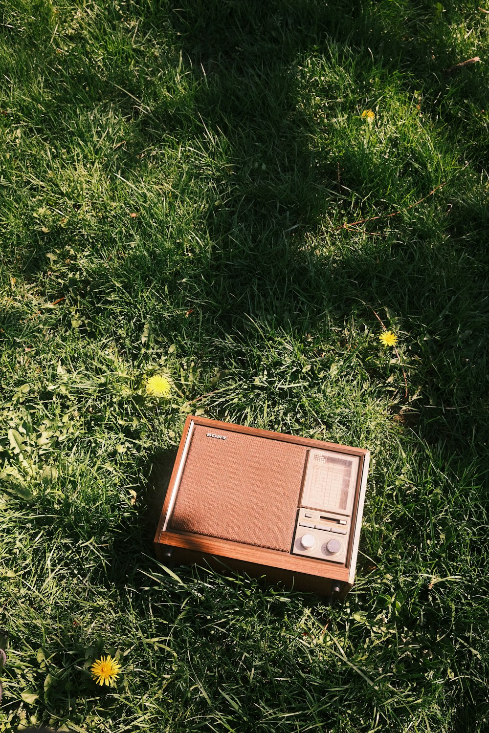 an old radio laying in the grass on a sunny day