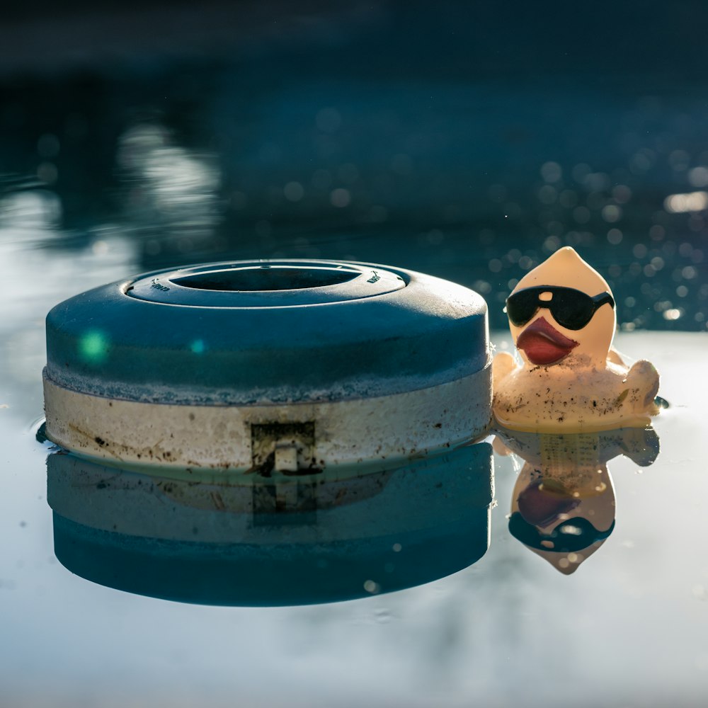 a rubber duck with sunglasses on its head sitting next to a pool of water