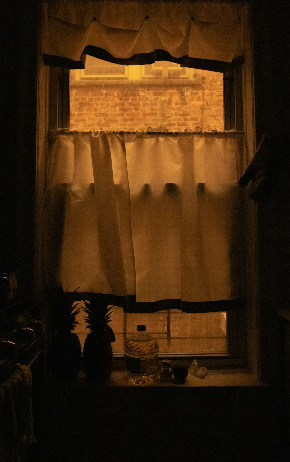 a window with a curtain and a potted plant in front of it