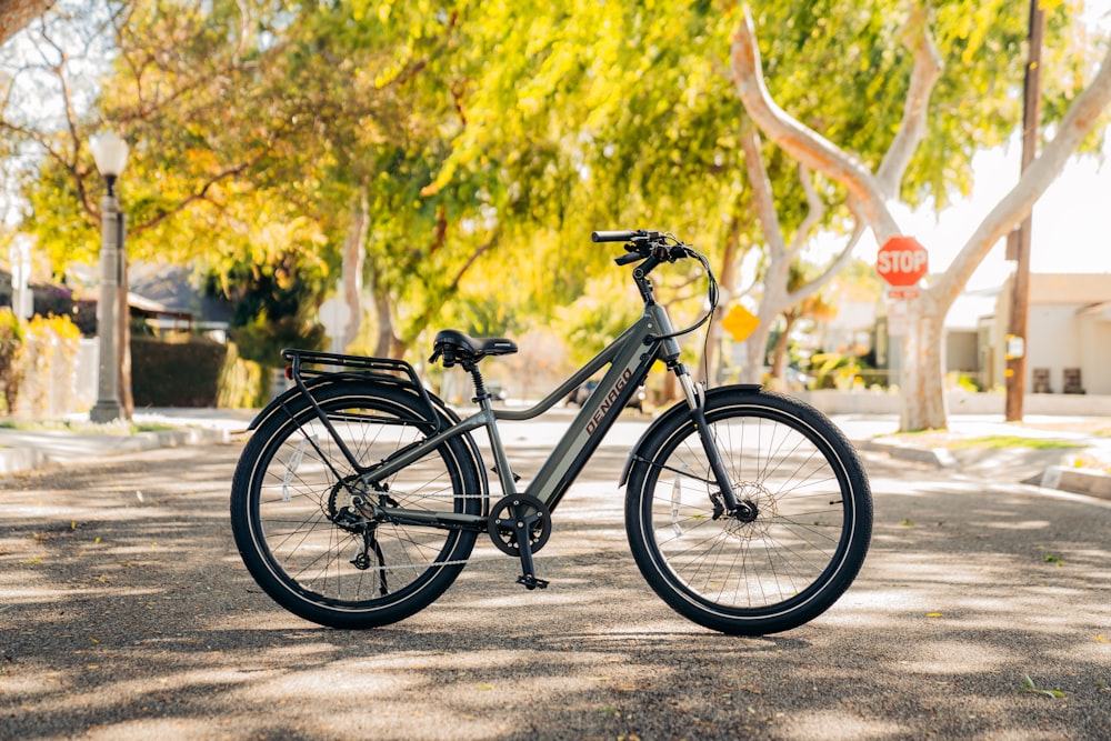 a bicycle parked on the side of the road