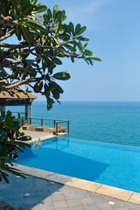 a large swimming pool with a view of the ocean