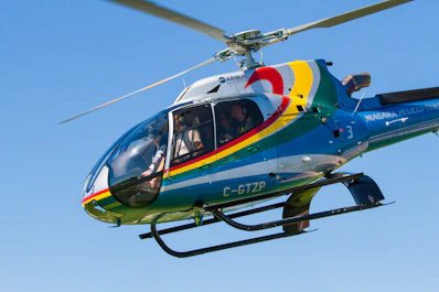 a colorful helicopter flying through a blue sky
