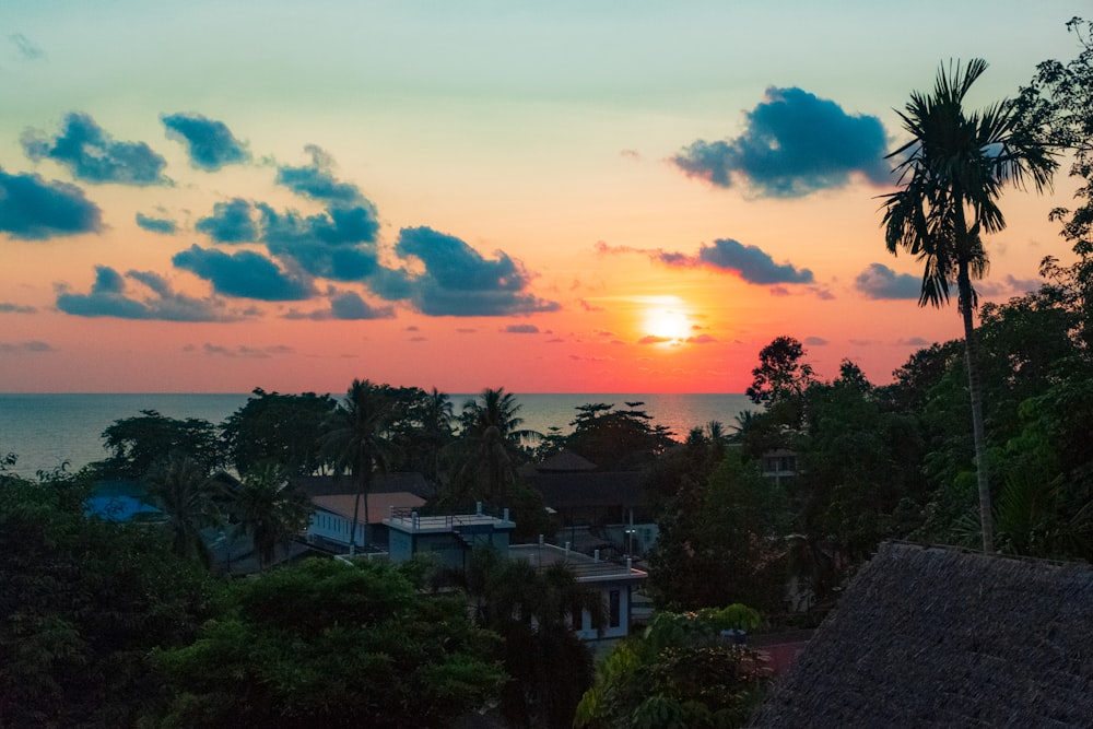 the sun is setting over the ocean with palm trees