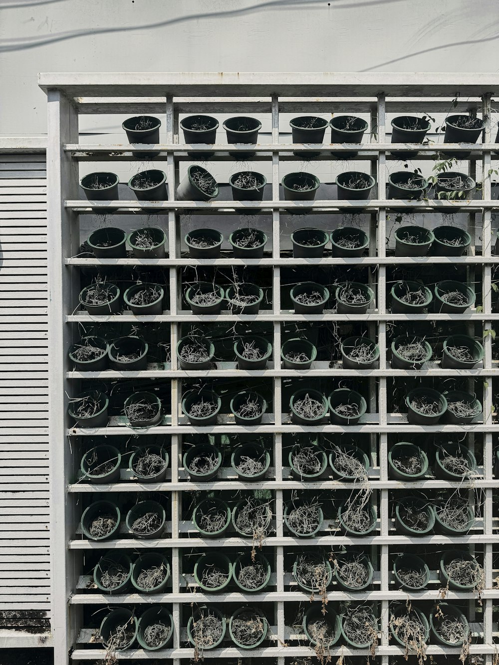 a bunch of pots that are sitting on a shelf