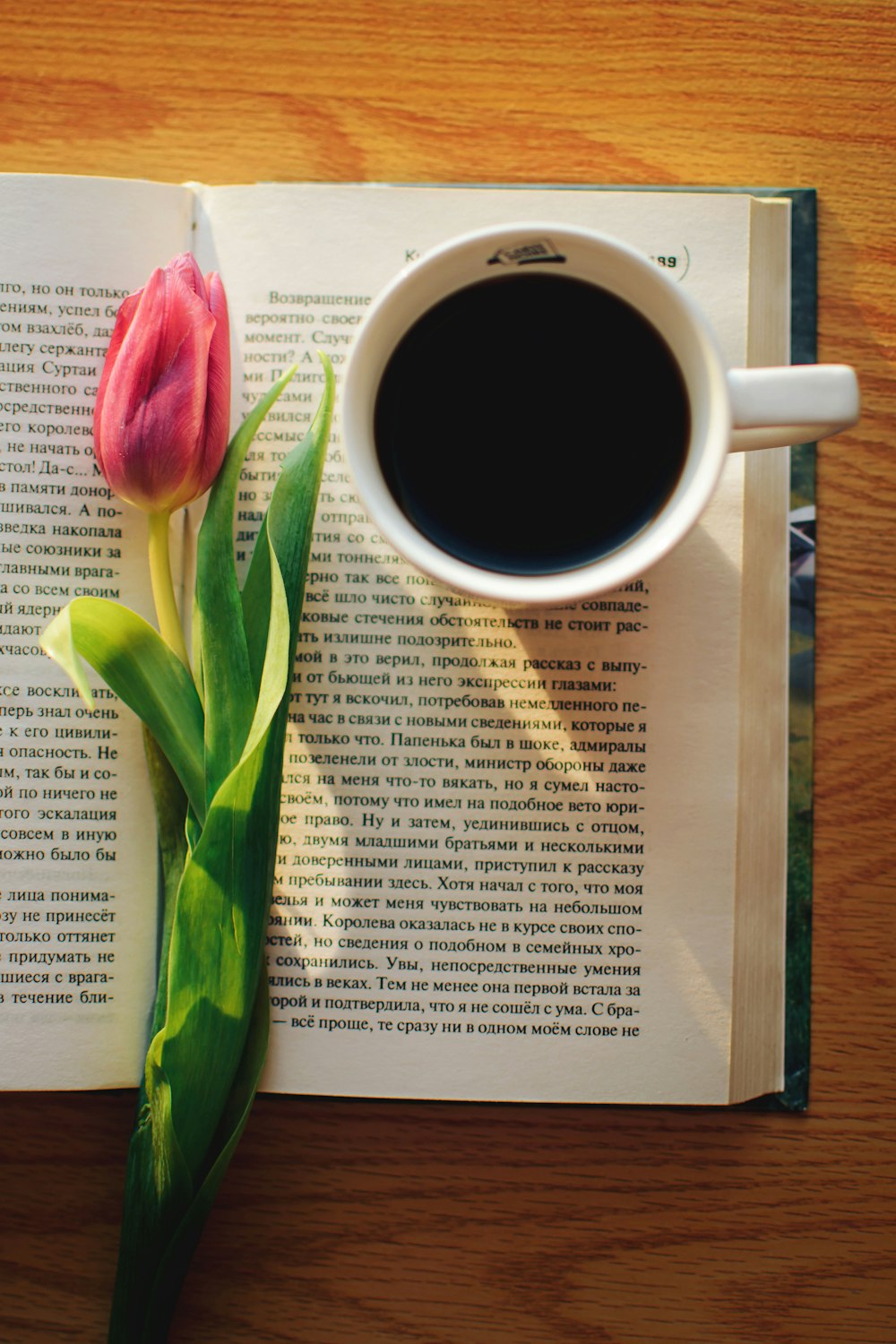 eine Tasse Kaffee und eine Blume auf einem Buch