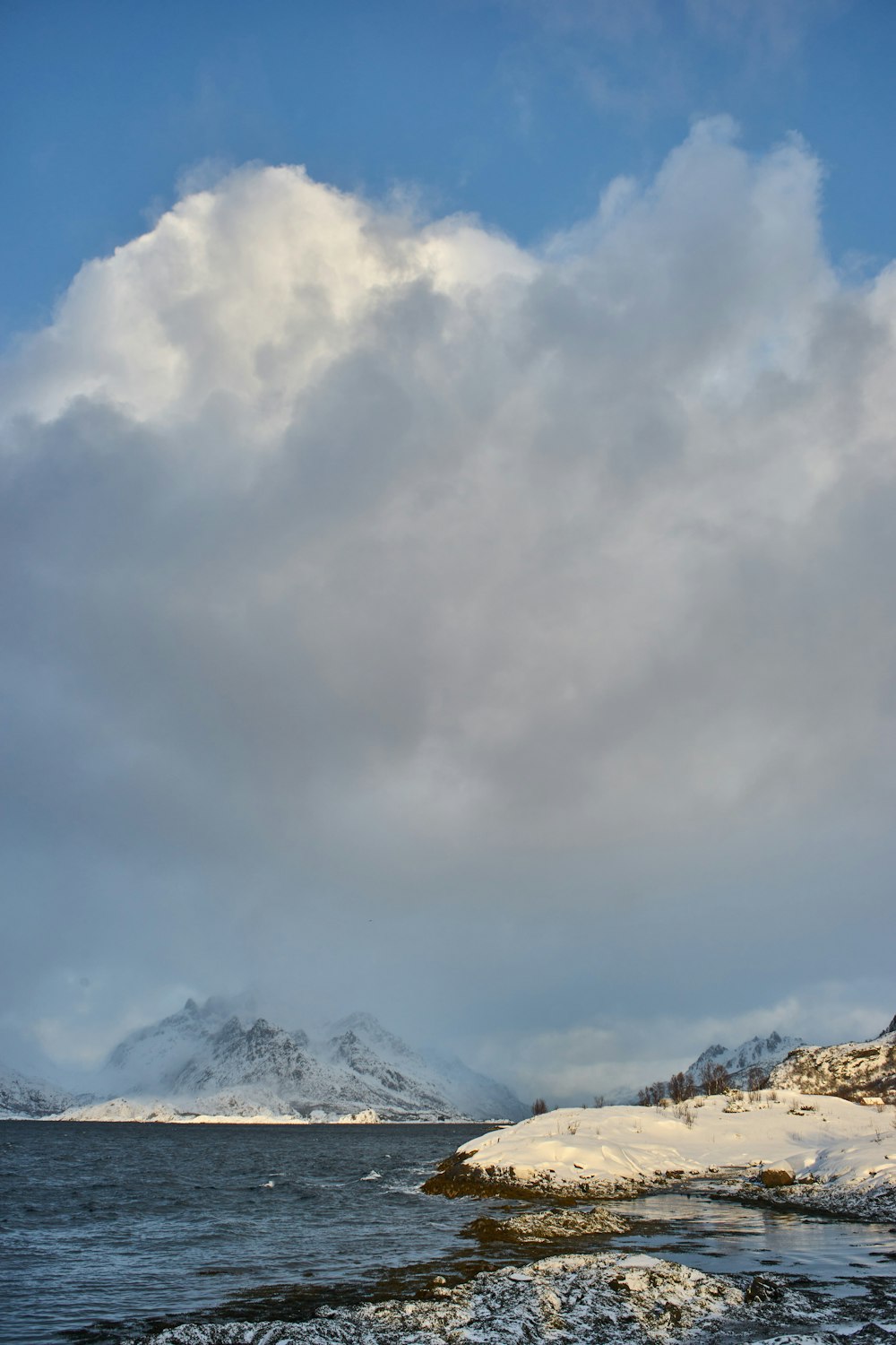 a large body of water surrounded by snow covered mountains